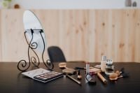 Kaboompics - Black Dressing Table with Eyeshadow Palette, Makeup Brushes and Tabletop Mirror
