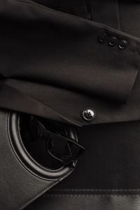 Kaboompics - Black Blazer, Handbag, Sunglasses and Silver Chain Flat Lay