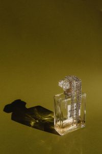 Kaboompics - Clear Perfume Bottle on a Dark Olive Backdrop