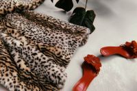 Kaboompics - Leopard Print Coat and Red Floral Sandals Flat Lay