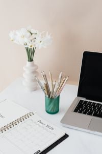 Kaboompics - Creative Desk Flat Lay with Pencils, Coffee and Laptop