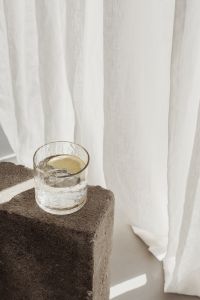 Kaboompics - Lemon Slice Floating in Water on a Dark Plinth