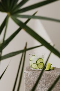 Kaboompics - Glass of Cucumber and Lime Detox Water with Ice, Framed by Blurred Green Leaves on a Pale Background