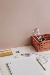 Kaboompics - White Desk with Basket and Geometry Tools