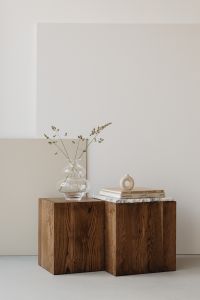 Kaboompics - Minimalist Still Life with Glass Vase, Books and Ring Sculpture on Wooden Pedestals