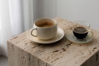 Kaboompics - Two Coffee Cups on Travertine Table With Copy Space