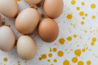 Kaboompics - Close-Up of Speckled and Brown Eggs on a Yellow Easter Background