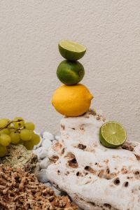 Kaboompics - Citrus Fruit and Grapes Still Life on Rocks and White Pebbles