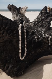 Kaboompics - Silver Necklace on Black Driftwood with Sea Background