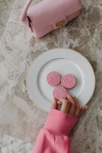 Kaboompics - Pink Handbag and Pink Cookies on Marble Plate