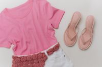 Kaboompics - Pink T-Shirt, White Shorts and Sandals Flat Lay