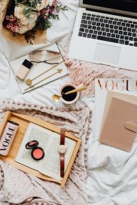 Kaboompics - Laptop Workspace Flat Lay with Planner, Coffee and Beauty Items