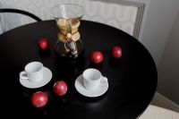 Kaboompics - Breakfast served with coffee and plums