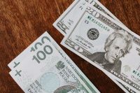 Kaboompics - Polish Zloty and US Twenty-Dollar Notes Scattered on Dark Wood