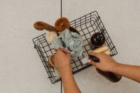 Kaboompics - Cleaning Supplies and Dried Flowers in a Wire Basket