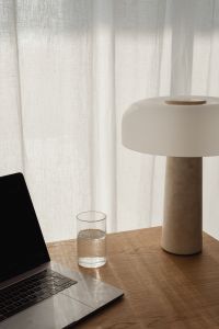 Kaboompics - Neutral Home Office Still Life with Lamp and Drinking Glass
