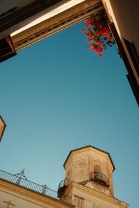 Kaboompics - Historic Malaga Tower Framed by Buildings and Flowers