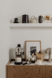 Kaboompics - Cafecore Coffee Station with Espresso Machine and Open Shelf