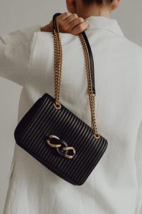 Kaboompics - Back View of Black Ribbed Shoulder Bag with Gold Chain Strap