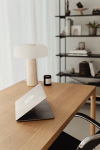 Kaboompics - Home Office Interior with Travertine Lamp and Styled Bookshelves
