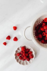 Kaboompics - Overhead Raspberry Bowls On White Marble