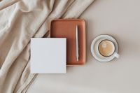 Kaboompics - Blank White Card and Silver Pen on Terracotta Tray with Cappuccino