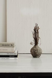 Kaboompics - Dried Branches in a Speckled Ceramic Vase on Neutral Interior Design Books