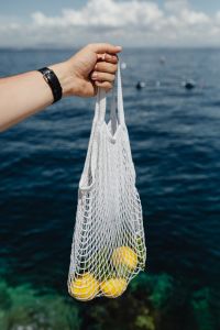 Kaboompics - Three Lemons in a Mesh Bag over Deep Blue Water