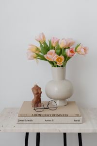 Kaboompics - Pastel Tulip Bouquet with Sculptural Figurine