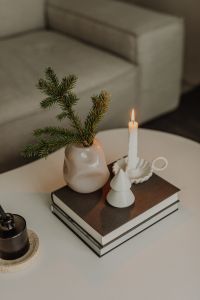 Kaboompics - Minimal Christmas Table Decor with Candle, Vase and Books