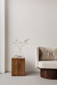 Kaboompics - Glass Vase with Sparse Dried Stems, Books and White Ring Decor