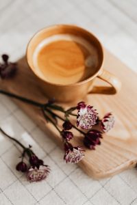 Kaboompics - Angled Close-Up of Coffee and Astrantia on a Wooden Board over Linen