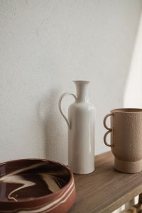 Kaboompics - Ceramic Vase, Sculptural Mug and Bowl on Wooden Bench