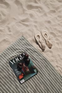 Kaboompics - Striped Beach Towel with VOGUE Magazine and Espadrilles