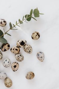 Kaboompics - Macro Speckled Quail Eggs with Eucalyptus Leaves on White, Soft Spring Still Life