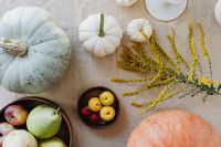 Kaboompics - Overhead Autumn Flat Lay with Orange, Pale Green and White Pumpkins, Fruit Bowl and Goldenrod
