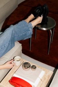 Kaboompics - Relaxed Modern Living Scene With Coffee And Red Telephone