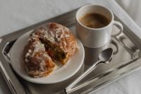 Kaboompics - Donut and Coffee on Silver Tray