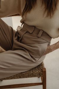Kaboompics - Beige Knit Sweater and High-Waisted Trousers