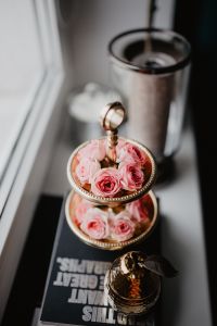 A tray of pink roses