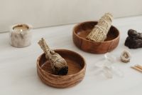 Kaboompics - Wide Smudging Setup With Wooden Bowls Candle And Buddha