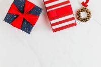Kaboompics - Blue Wrapped Present with Red Gift and Bell Wreath