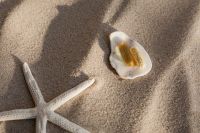 Kaboompics - Supplement Capsules in a Shell on Sand with Starfish