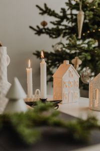 Kaboompics - Christmas Village Tabletop Decor with Candles and Fir Branches