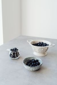 Kaboompics - Fresh Blueberries Styled with Colander, Jar and Bowl