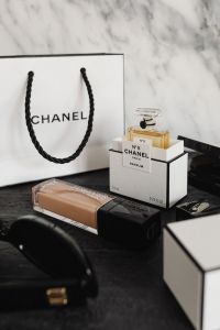 Kaboompics - Chanel No. 5 Perfume in Box with Foundation and Makeup