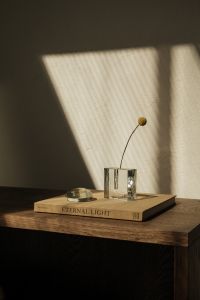 Kaboompics - Minimalist Craspedia Flower Arrangement on a Dark Wood Console