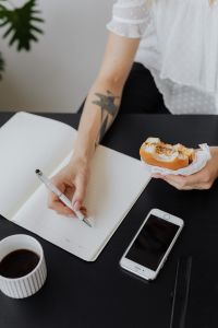 Kaboompics - Overhead View of Office Lunch, Notebook and Coffee