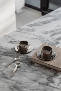 Kaboompics - Two Espresso Cups and Spoons on Arabescato Marble