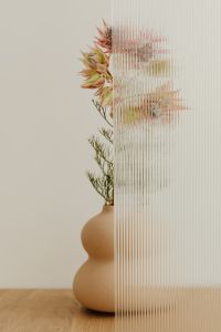 Kaboompics - Cropped Blush Flower and Beige Vase Behind Ribbed Glass, Minimal Floral Interior